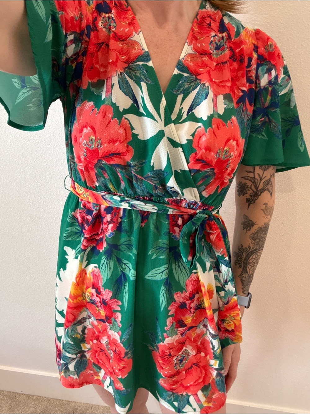 Lulus Green Floral Wrap Dress Size Small Tie Waist Flutter Sleeve Mini Dress - Picture 1 of 4